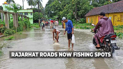 Kolkata: How waterlogged Rajarhat roads turn into fishing spots