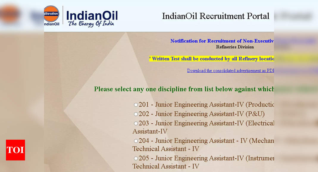 IOCL Recruitment 2021: Apply online for 513 Junior Engineering Assistant-IV and other posts – Times of India