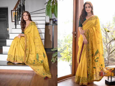 New mommy Dia Mirza's yellow sari is perfect for Durga Puja
