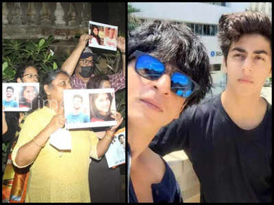 Sushant Singh Rajput fans gather outside Shah Rukh Khan’s residence to protest against the actor and his son Aryan Khan, who is in judicial custody for his involvement in drugs case