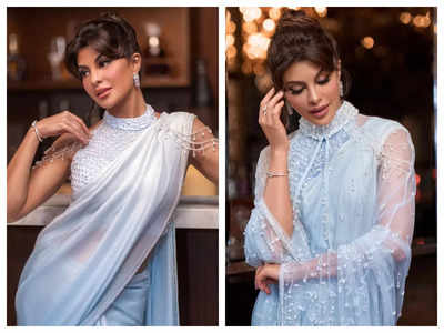 Jacqueline Fernandez is a sight to behold in this stunning powder blue saree with pearl embellishments, see pics