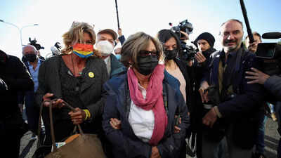 Lawyer Alessandra Ballerini, Paola and Claudio Regeni, parents of Giulio Regeni, arrive for the opening of the trial of four senior members of Egypt's security services in Rome, Italy, October 14, 2021 (Reuters)