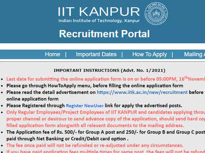 IIT Kanpur Recruitment 2021: Apply For 95 Various Posts - Times Of India