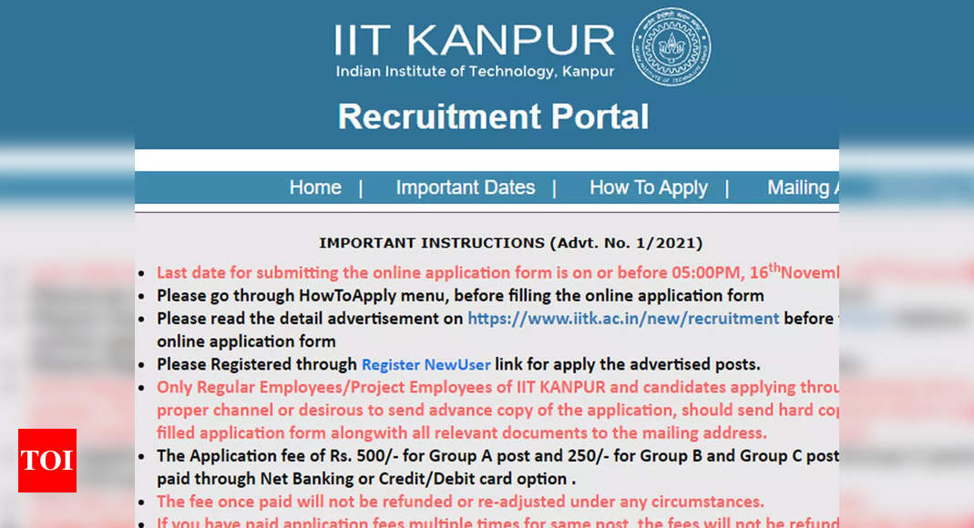 IIT Kanpur Recruitment 2021: Apply For 95 Various Posts - Times Of India