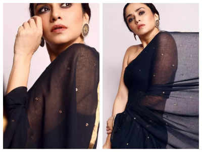 3241 Amruta Khanvilkar's Black Saree with Belt – Shama's Collection