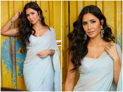 Katrina Kaif is a sight to behold in a powder blue saree and catchy eye makeup- views pics