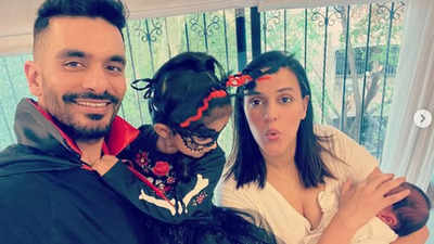 Happy Halloween! Neha Dhupia drops cute pictures with Angad Bedi, daughter Mehr and newborn son