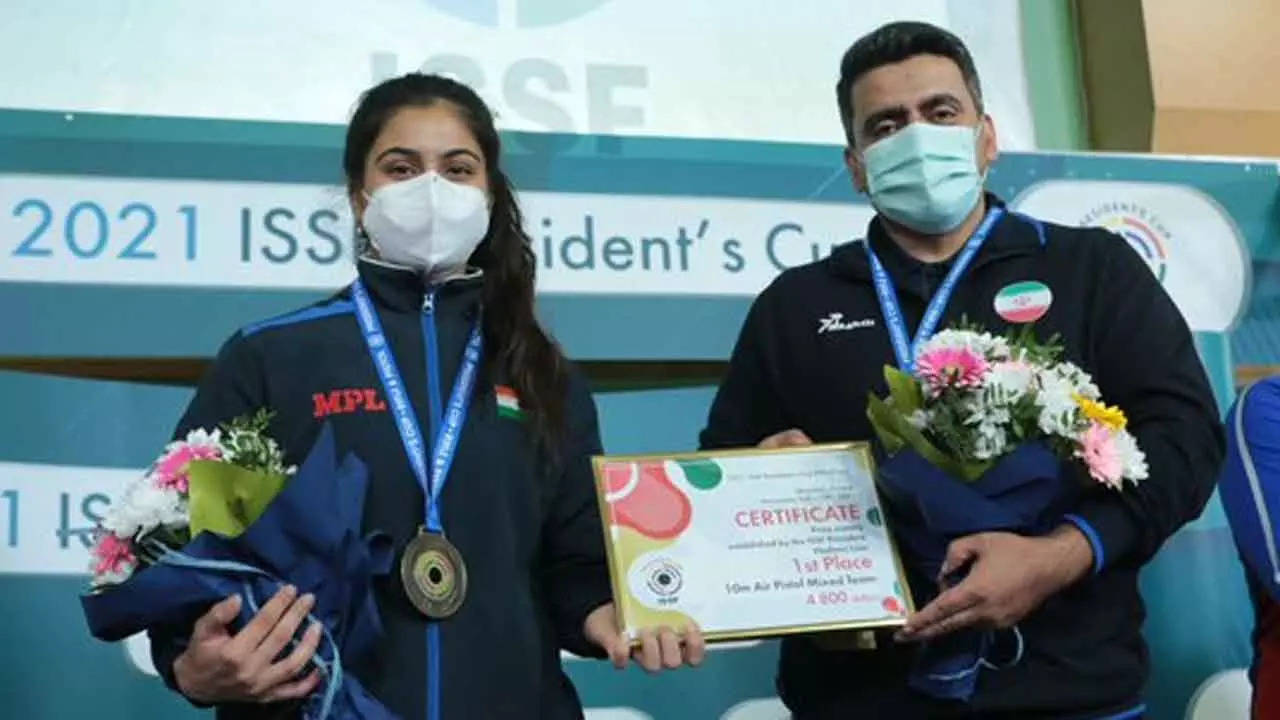 Manu Bhaker and Javad Foroughi win air pistol mixed team gold in