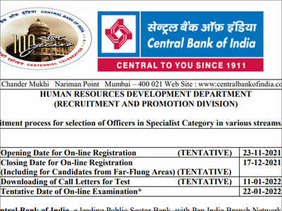 Central Bank of India Recruitment 2021: Apply online for ​115 Specialist Officer posts