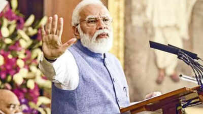 Prime Minister Narendra Modi addresses a function to commemorate Samvidhan Divas at Parliament in New Delhi on Friday. (PTI photo)