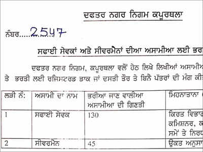 Kapurthala Municipal Corporation Recruitment 2021: Apply offline for 175 Sweeper and Swerman posts