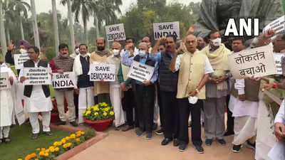 Winter Session: Opposition leaders stage protest in Parliament demanding revocation of suspension of 12 MPs