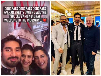 Kajol and Anupam Kher send best wishes to Ahan Shetty as they attend 'Tadap' premiere