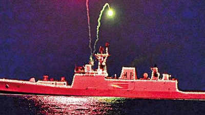 Visakhapatnam: Navy ships at anchorage illuminate RK Beach