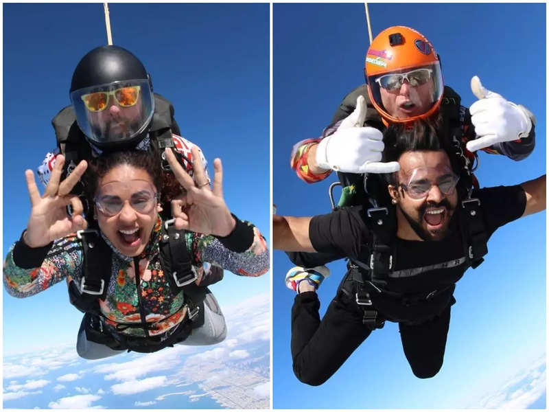 TV couple Pearle Maaney and Srinish Aravind enjoy sky diving in Dubai; watch video