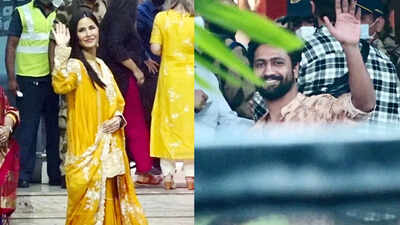 Katrina Kaif and Vicky Kaushal wave at the paparazzi as they leave for their wedding in Rajasthan