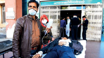 A boy who met with an accident at Narain Singh Circle in Jaipur being shifted from outside the SMS Hospital to a private hospital by his relatives following the strike by resident doctors on Tuesday. The boy had multiple fractures on his leg and required an emergency operation