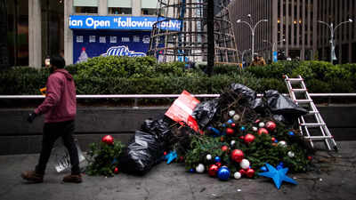 Giant Christmas tree outside news channel office set afire in New York