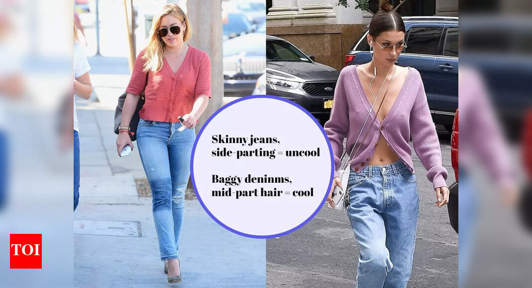 Skinny vs wide-legged jeans, laughing 