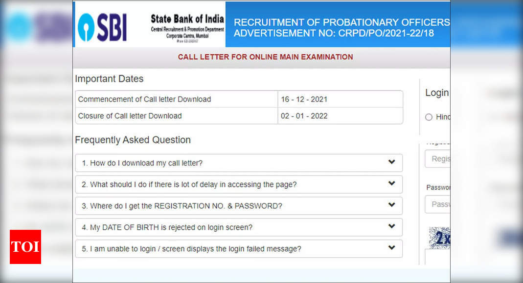 SBI PO Main Exam Admit Card 2021 Released, Download Here - Times Of India