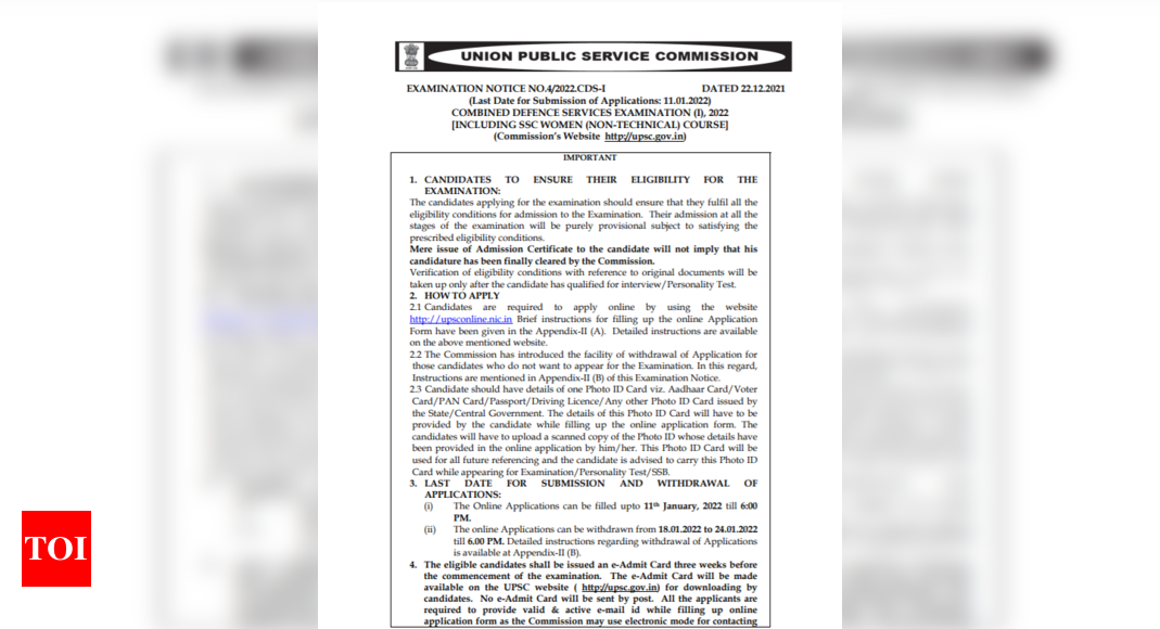 UPSC CDS recruitment notification 2022: Apply online @ upsconline.nic.in – Times of India