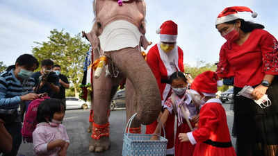 Elephant Santas pass out face masks, hand gel in Thai school tradition