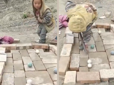 Kids build makeshift snooker with bricks will make you happy