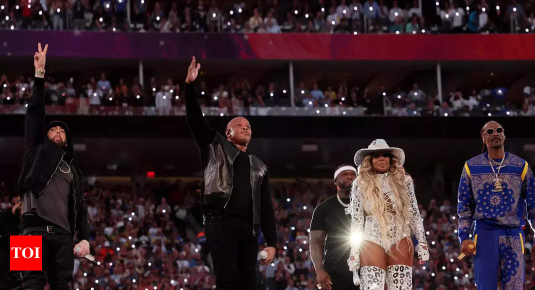 LeBron James dances during 50 Cent's Super Bowl halftime performance