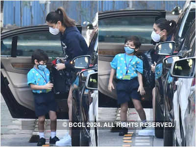 Exclusive Pics! Kareena Kapoor Khan helps Taimur with his bag, as she drops him off at school