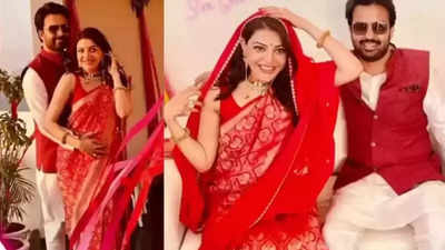 Mom-to-be Kajal Aggarwal gives a glimpse of her intimate baby shower ceremony, actress looks gorgeous in red saree