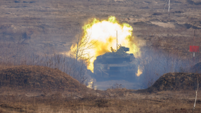 Tank T-64 is seen firing during a military drill for Ukrainian soldiers at the training centre of Ukrainian Ground Forces near Rivne, Ukraine (Reuters)