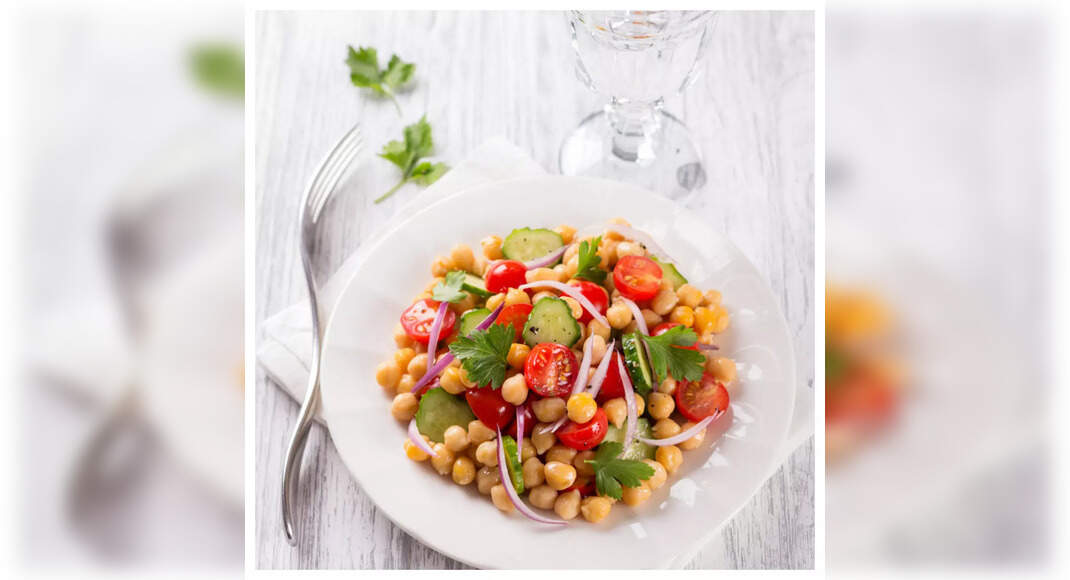 Spiced Chickpea Salad Recipe: How to Make Spiced Chickpea Salad Recipe | Homemade Spiced Chickpea Sa