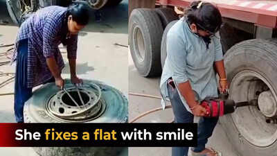 Hyderabad lady Adilaxmi’s deftness in fixing flat tyres