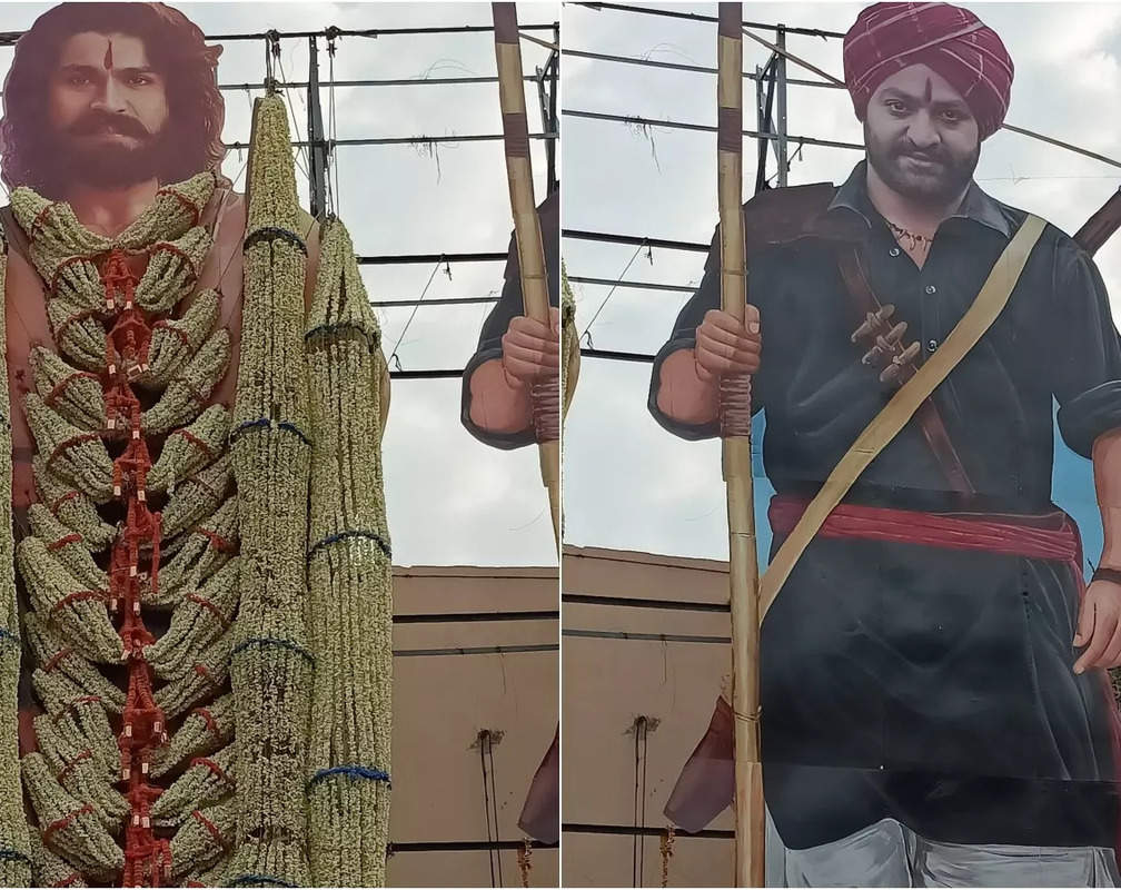 
Fans celebrate the release of SS Rajamouli, Jr NTR and Ram Charan's RRR with massive cut-outs of them
