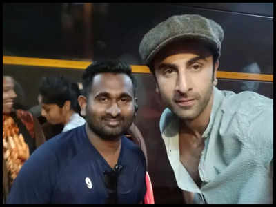 Ranbir Kapoor clicks happy pictures with a crew member on the sets of Luv Ranjan’s next ahead of his wedding with Alia Bhatt