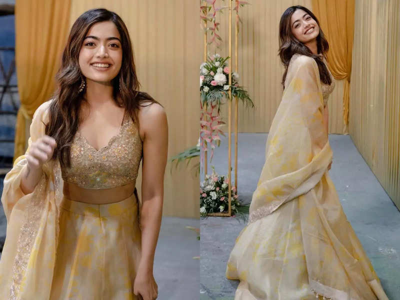 Rashmika Mandanna's sand and yellow hued lehenga is perfect for the summer wedding you have to attend
