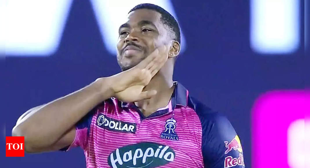 IPL 2022, RR vs KKR: WATCH – Pushpa fever grips Rajasthan Royals’ Obed McCoy, enacts Allu Arjun’s ‘jhukega nahi’ after his maiden wicket | Cricket News – Times of India