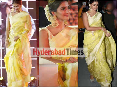 Pooja Hegde looked beautiful in a traditional yellow saree at the pre-release event of Acharya