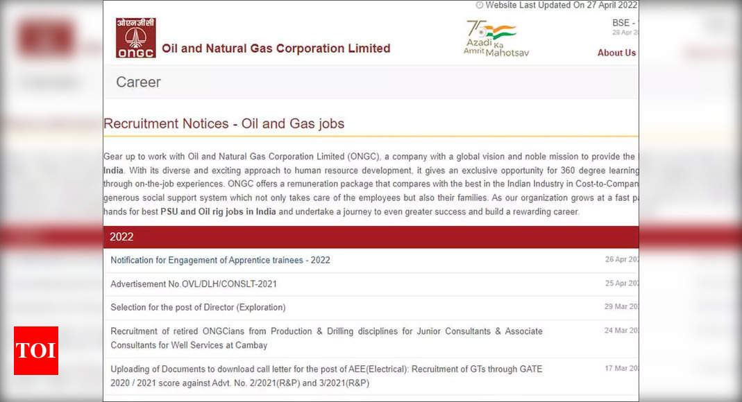 ONGC Recruitment 2022: Apply online for 3600+ Apprentice vacancies – Times of India