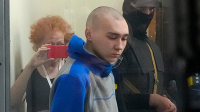 Russian army Sergeant Vadim Shishimarin, 21, is seen behind a glass during a court hearing in Kyiv (AP)