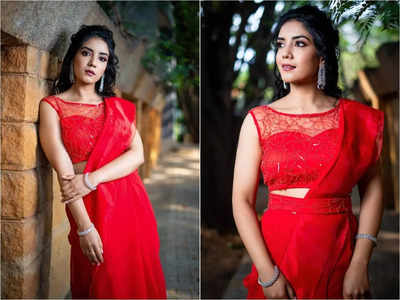 Kavya Mahadev looks ravishing in a red ruffle saree; see pics