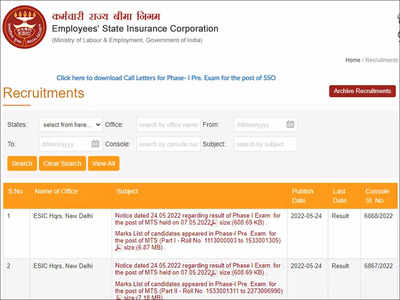 ESIC MTS Phase-I Result 2022 declared @esic.nic.in; download here