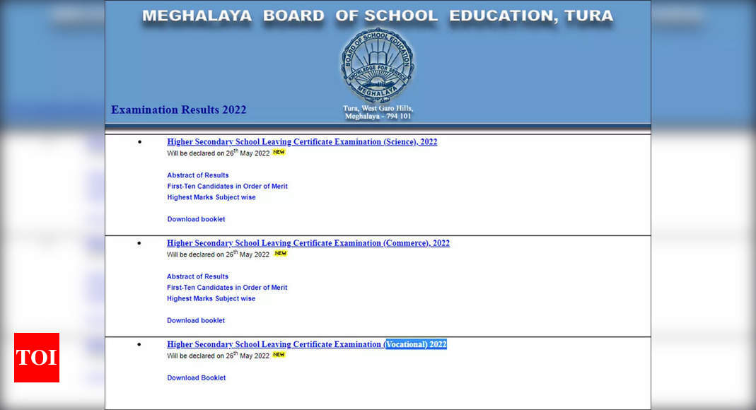 MBOSE Meghalaya Board HSSLC result 2022 to be declared on May 26 @mbose.in – Times of India