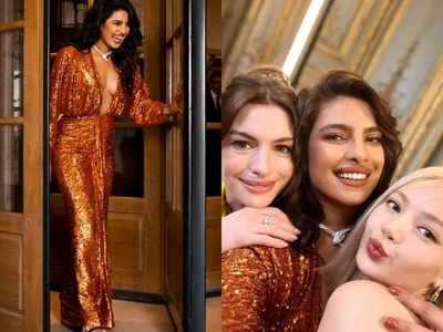 Priyanka Chopra dazzles in a sequined dress as she poses with Anne Hathaway and BLACKPINK's Lisa