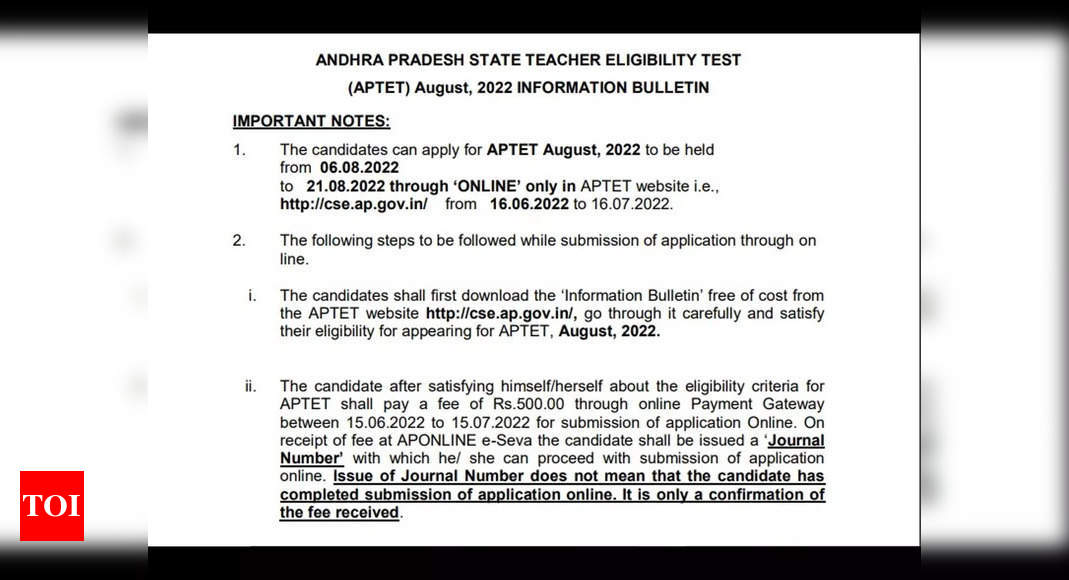 AP TET Recruitment 2022: AP TET notification issued; registrations from June 16 – Times of India