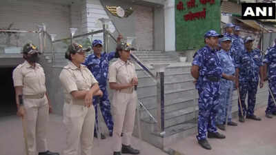 Security personnel deployed at Dak Bungalow Chauraha in Patna in view of the Bharat Bandh (ANI Photo)