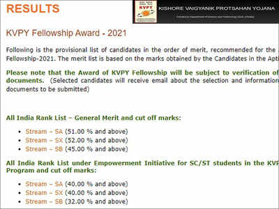 KVPY 2021 Result for SA, SX, SB announced; check cut-off list, direct link here