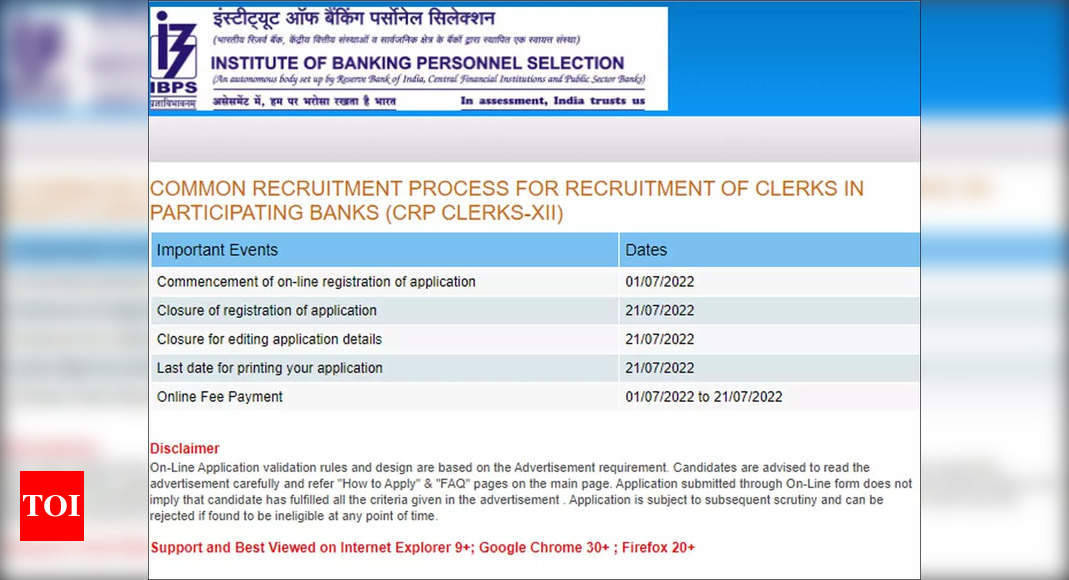 IBPS Clerk Recruitment 2022 Application registration begins, apply