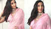 Nora Fatehi looks gorgeous in blush pink saree with a deep neck blouse