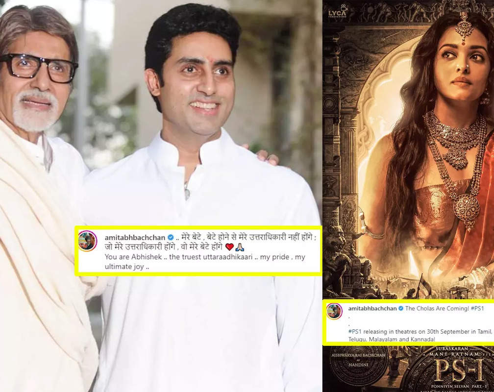 
Amitabh Bachchan calls son Abhishek Bachchan his 'truest uttaraadhikaari', also shares bahu Aishwarya Rai Bachchan's 'Ponniyin Selvan Part 1' teaser
